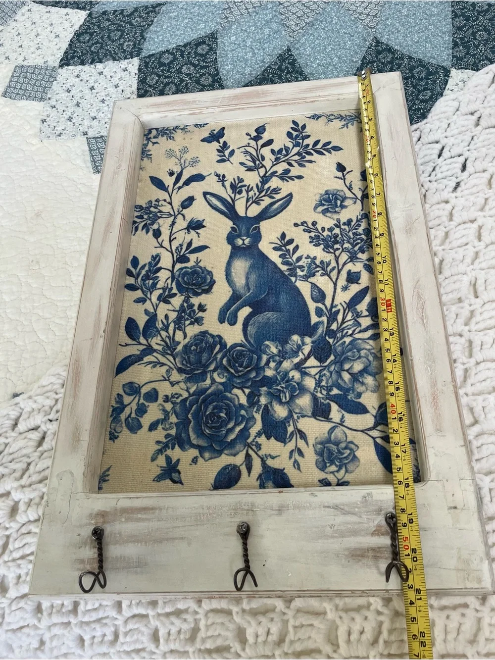 Blue Floral Rabbit Wall 3 Hook Decor